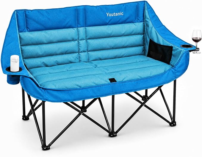 Youtanic Oversized Double Camping Chair, Folding Loveseat Camping Couch with Pocket, Cup Holder and Carry Bag, Heavy Duty Portable Camping Chairs for Adults, Fishing, Sports, Trip, up to 660lbs, Blue
