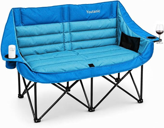 Youtanic Oversized Double Camping Chair, Folding Loveseat Camping Couch with Pocket, Cup Holder and Carry Bag, Heavy Duty Portable Camping Chairs for Adults, Fishing, Sports, Trip, up to 660lbs, Blue
