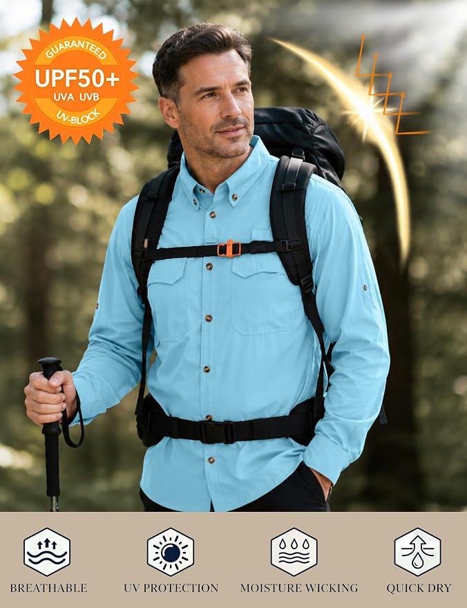 Roadbox Men's Sun Protection Fishing Shirt, Long Sleeve Cool Dry Lightweight UPF 50+ Shirts for Hiking Safari Camping Travel