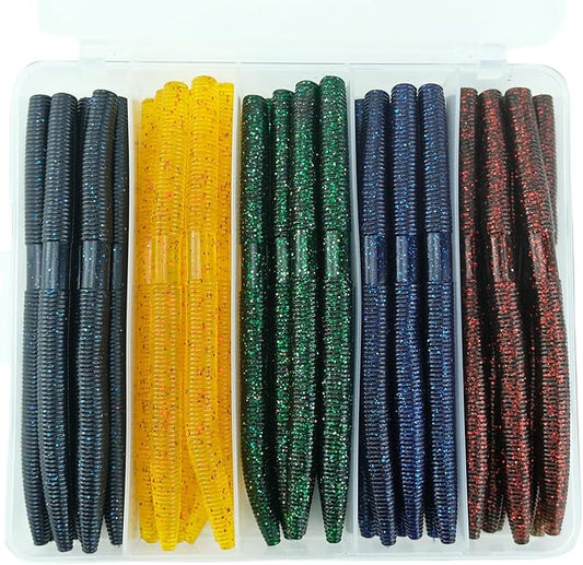 Wacky Worm Bass Lures Kit: 40PCS 5" Senko Worms with Storage Box | Slow-Sink Fishing Baits for Freshwater Saltwater