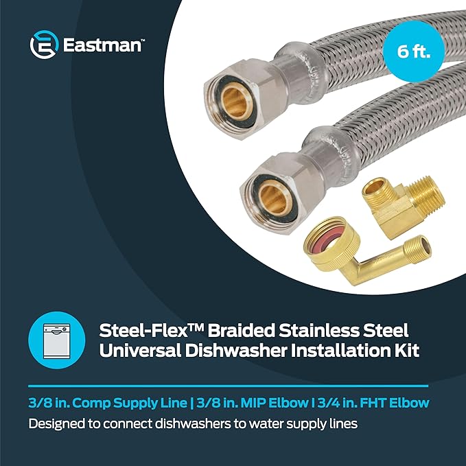 Eastman 6 Ft. Dishwasher Installation Kit, Braided Stainless Steel Supply Line with 3/8 Inch Compression Ends, 41045