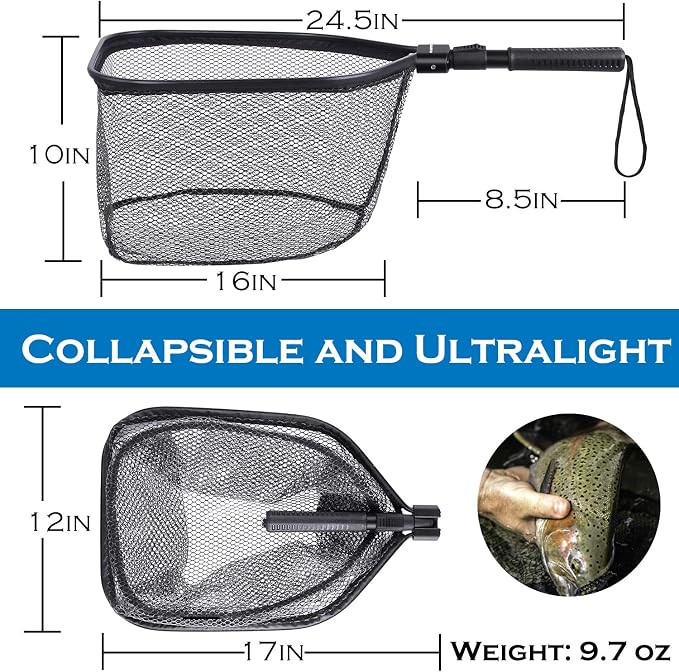 PLUSINNO Fly Fishing Net, Bass Trout Landing Net, Folding Fishing Nets Fresh Water, Safe Fish Catching or Releasing