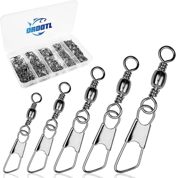 OROOTL Fishing Barrel Swivel Snap Kit, 100pcs Barrel Swivel with Safety Snaps Multiple Size Stainless Steel Copper Snap Swivels Quick Connect Fishing Tackle Accessories Box for Saltwater Freshwater