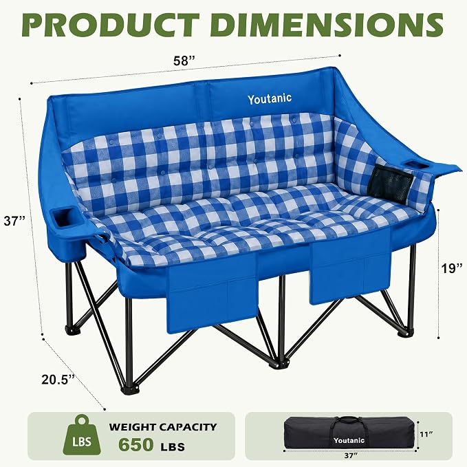 Youtanic Double Camping Chair, Heavy Duty 650lbs Padded Loveseat for Adults, Folding 2 Person Camp Couch with Cup Holder & Carry Bag, Wide Plaid Portable Lawn Seat for Outdoor Beach Sports, Blue