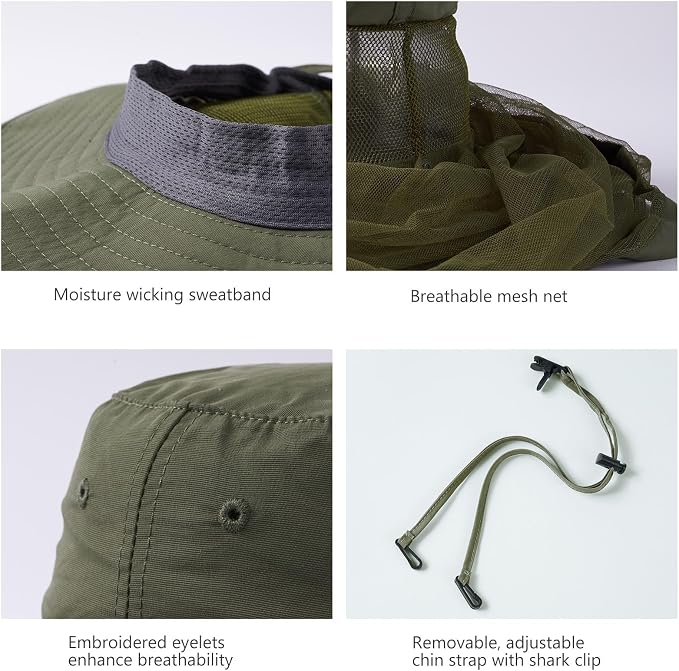 BASSDASH UPF 50+ Mosquito Sun Hat with Hidden Head Net and Neck Flap for Men Women Outdoor Fishing Hiking Camping