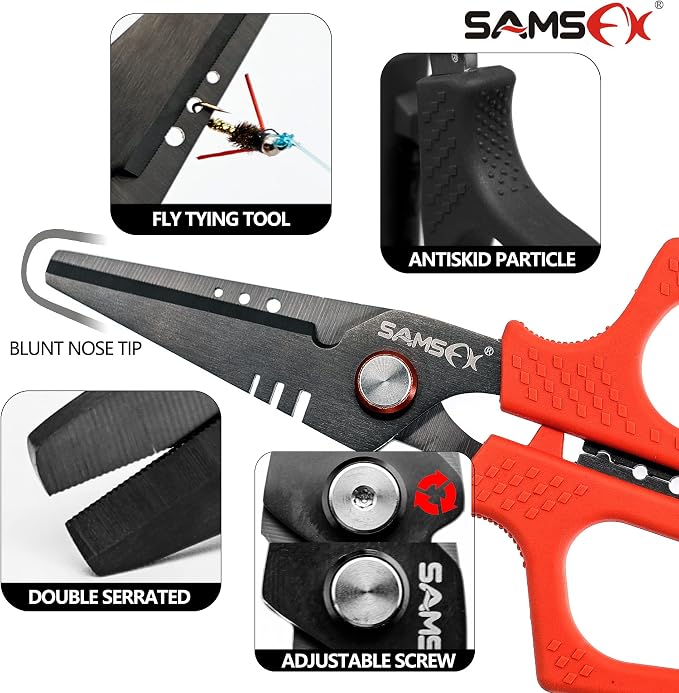 SAMSFX 6.5" Pro Fishing Shears Dual Serrated Blades, Fishing Braided Line Scissors with Titanium Coating, Non-Slip Grip & Multifunction Tool, Includes Hard Molded Locking Sheath & Coiled Lanyard