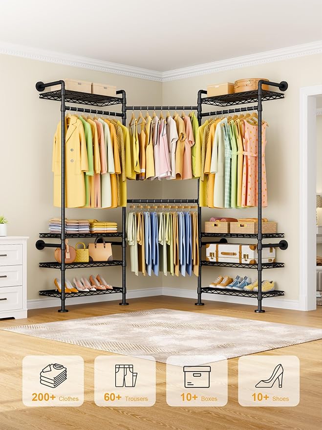 M6 Clothes Rack for Wall Mounted, Heavy Duty Closet Wardrobe System with 8 Shelves and 4 Hanger Rods, 68.5" W x 11.8" D x 86.6" H Clothing Storage Organizer for Holding 1064lbs, Black