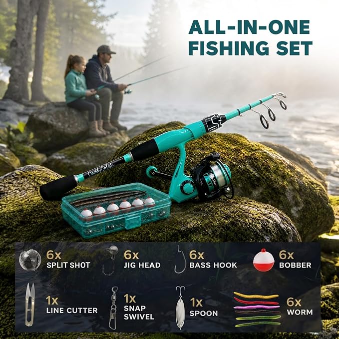 DaddyGoFish Spinning Fishing Rod and Reel Combo Set with Tackle Box | Kids Fishing Pole | Carbon Fiber Telescopic Fishing Rod Kit | Spinning Reel for Travel Saltwater Freshwater Fishing Gear Kit