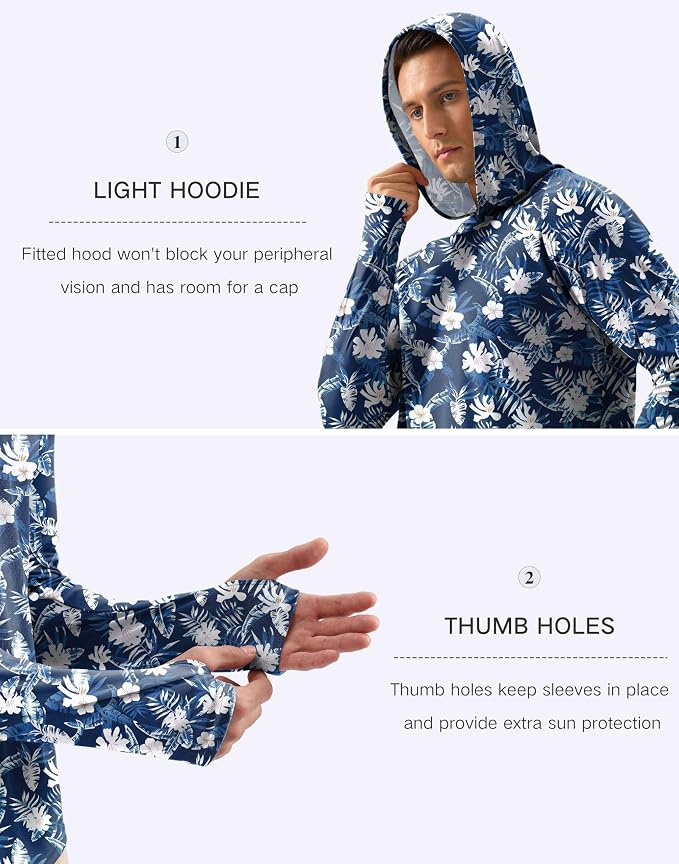 Pudolla Men's Sun Protection Hoodie Shirts UPF 50+ Rash Guard SPF Long Sleeve Fishing Shirt for Men Swim Hiking Boating