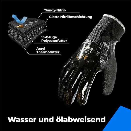 toolant Waterproof Gloves for Men and Women, Freezer Gloves with Grip, Double Nitrile Dipped for Extreme Oil Repellent, for Construction, Mechanics, Mining, Plumbing, Black, Small