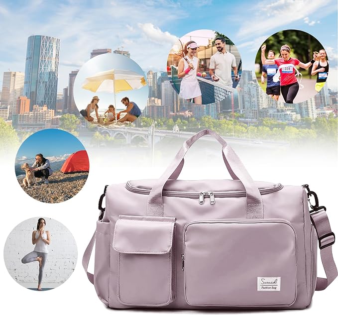 Suruid Travel Duffel Bag with Shoes Compartment Sports Gym Bag with Dry Wet Separated Pocket for Men and Women, Overnight Bag Weekender Bag Training Handbag Yoga Bag - Brown Pink
