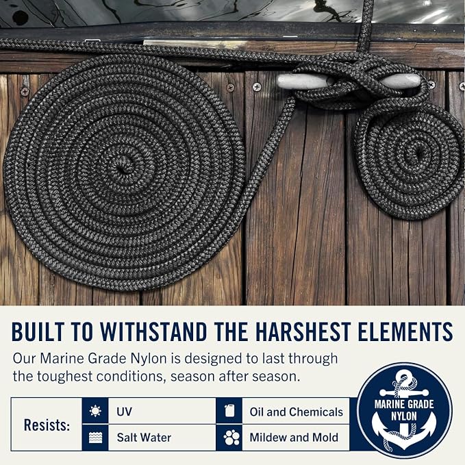 RainierSupplyCo Dock Lines - Boat Rope for Docking with Loop - 50 ft x 5/8 Inch Premium Double Braided Nylon Marine Rope - Mooring Line with 18" Eyelet - Boat Accessories - Black