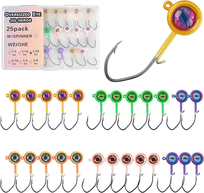 Crappie Jig Heads Fishing Lures Kit, 25pcs Underspin Jig Heads with Spinner Blade Eye Ball Head Painted Crappie Lures Fishing Jigs for Bass, Trout, Panfish, Sunfish
