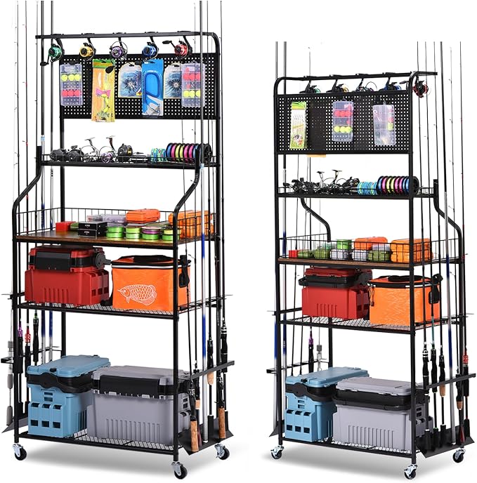 Heavy Duty Fishing Rod Rack, Fishing Organizer for Garage, Fishing Gear Holder for Garage with Movable Wheels