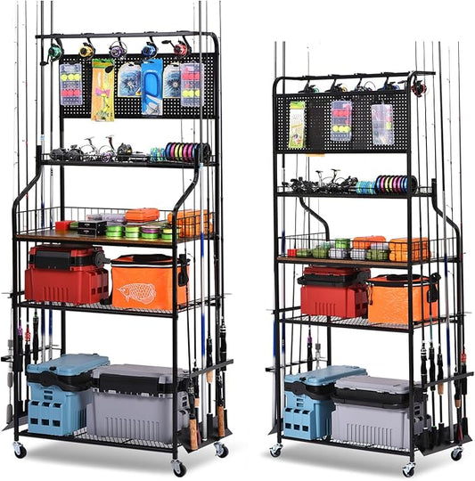 Heavy Duty Fishing Rod Rack, Fishing Organizer for Garage, Fishing Gear Holder for Garage with Movable Wheels