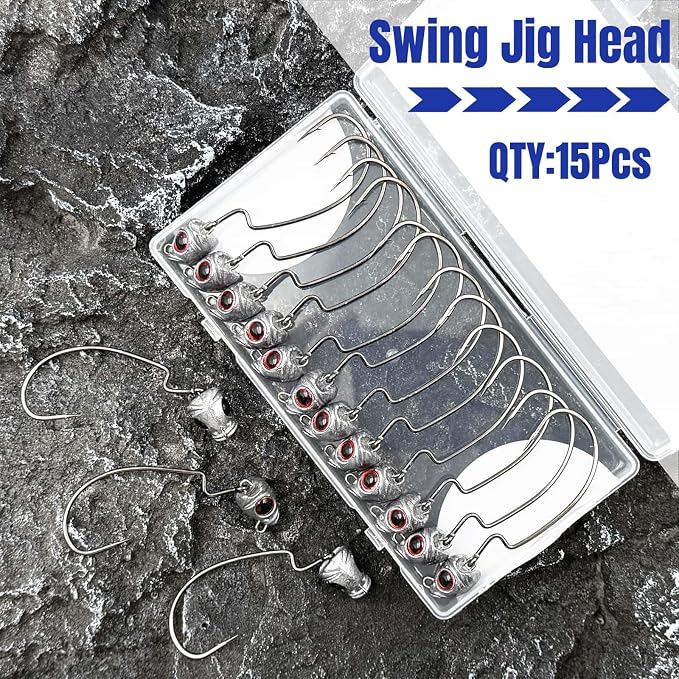 Vivid Fish Eyes Swimbait Jig Heads for Fishing, 15Pcs Swing Bass Jigheads Lifelike Weedless Jig Heads for Ned Rig or Texas Rig 1/8 3/16 1/4 3/8 1/2oz