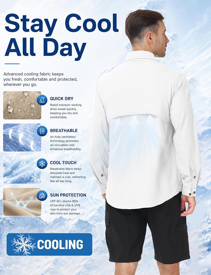 Roadbox Men's Sun Protection Fishing Shirt, Long Sleeve Cool Dry Lightweight UPF 50+ Shirts for Hiking Safari Camping Travel