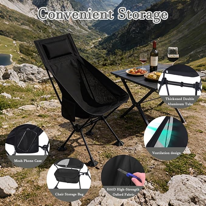 High Back Lightweight Camping Chair for Adults with Wide Seat and Head Support,Ultralight Compact Backpacking Chair with Anti-Sinking Large Feet and Storage Bag for Travel,Naturehike,Hiking