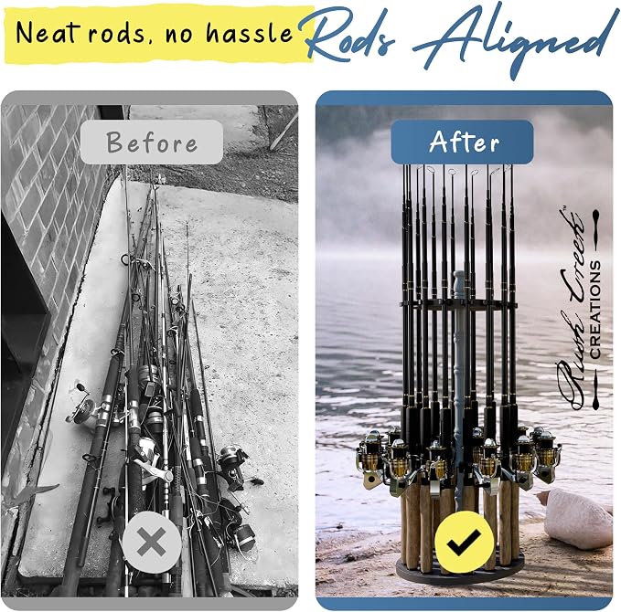 Rush Creek Creations 16-Rod Round Fishing Rod Holder for Garage, 360° Access Fishing Pole Holder for Fishing Rods, Reels, and Gear, Securely Holds 16 Rods, Barnwood