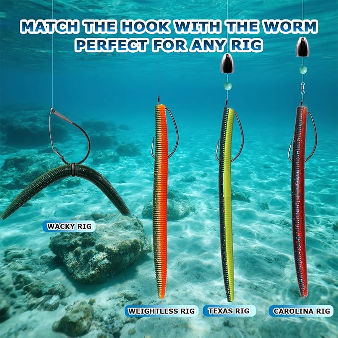 Wacky Rig Kit for Bass Fishing 143/171PCS Soft Plastic Wacky Worms (4in & 5in) Weedless Wacky Rig Hooks & Tool O-Rings, Bass Trout
