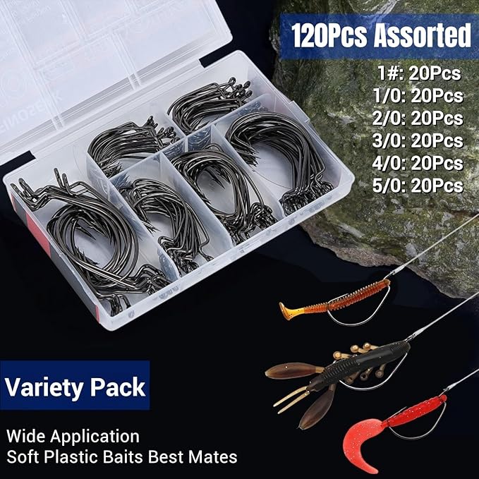120Pcs Bass Hooks Set, Strong Offset Bass Fishing Hooks Freshwater Barbed Sharp Worm Hooks for Texas Rigging Fishing Extra Wide Gap 6 Sizes Assorted #1 1/0 2/0 3/0 4/0 5/0