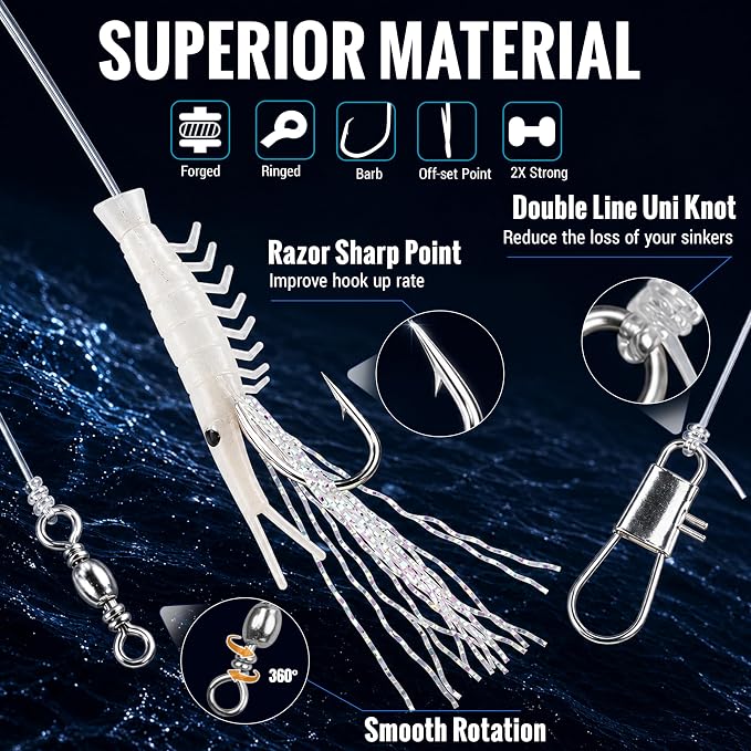 Shrimp Fishing Bait Rigs Kit, 10 Packs Saltwater Surf Fishing Rigs with 5 String Hooks Glow Soft Shrimp Lures Swivel Snap Shrimp Lure Rig for Mackerel Herring Baitfish