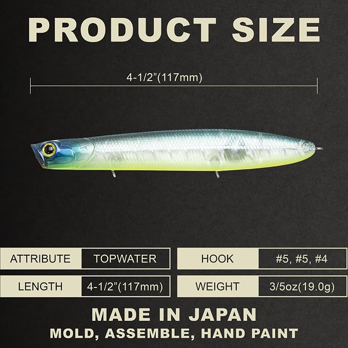 LUCKY CRAFT Gunfish 117 Freshwater Fishing Lures, Top Water Fishing Gear for Trout and Bass Fish, Spooks Cupped Mouth Walker, Long Casting Treble Hooks, Fish Accessories for Tackle Box