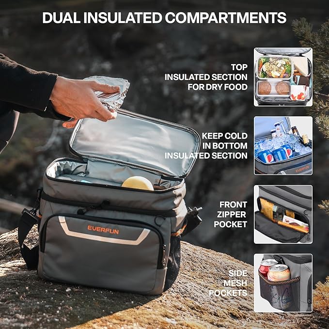 EVERFUN Small Compact Cooler Bag 24/48 Can Insulated Lunch Box Double Deck Soft Leak-Proof Waterproof Collapsible Ice Chest for Men Women Work Travel Car Trip Picnic Beach