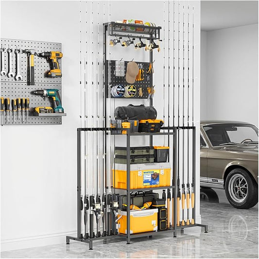 YQSLYSF Fishing Rod Holders for Garage with Pegboard & Metal Mesh Basket, Fishing Rod Storage Rack, Vertical Fishing Pole Holder for Up to 12 -24 Poles, Tackle Gear Organizer