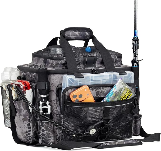 Rabjen Fishing Tackle Bag with Rod Holders & Cooler Main Compartment – Large Capacity Fishing Bag for Organized Gear Storage