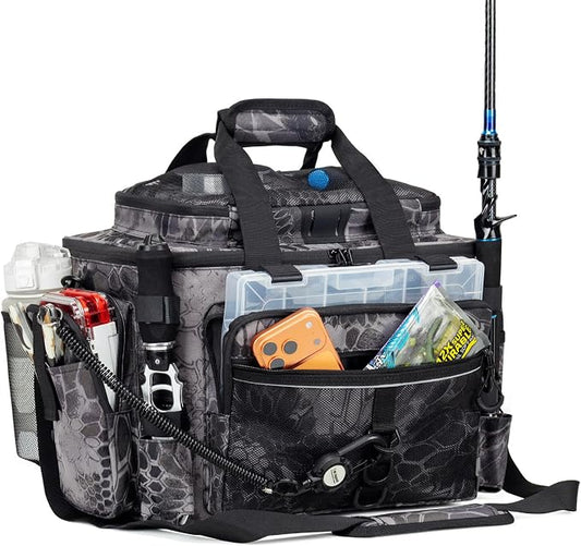 Rabjen Fishing Tackle Bag with Rod Holders & Cooler Main Compartment – Large Capacity Fishing Bag for Organized Gear Storage