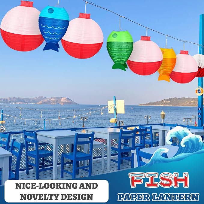 13pcs Fishing Bobber Paper Lanterns Hanging Fish Shaped Lanterns Honeycomb Ball Decorations Red and White Paper Lanterns for Fishing Themed Party Decorations Birthday Decor Supplies.