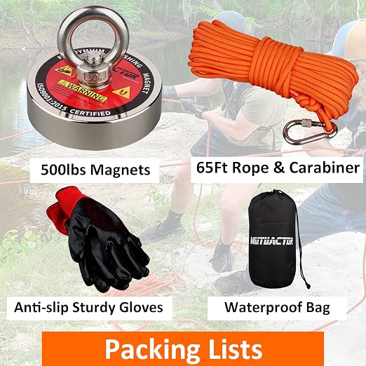 MUTUACTOR Magnet Fishing Kit,Φ2.36’’ Heavy Duty Neodymium N52 Magnet with 20m(64 Foot) Durable Rope,500lbs Pulling Force Permanent Strong Rare Earth Magnets for Lifting Objects Hunting Lost Treasures