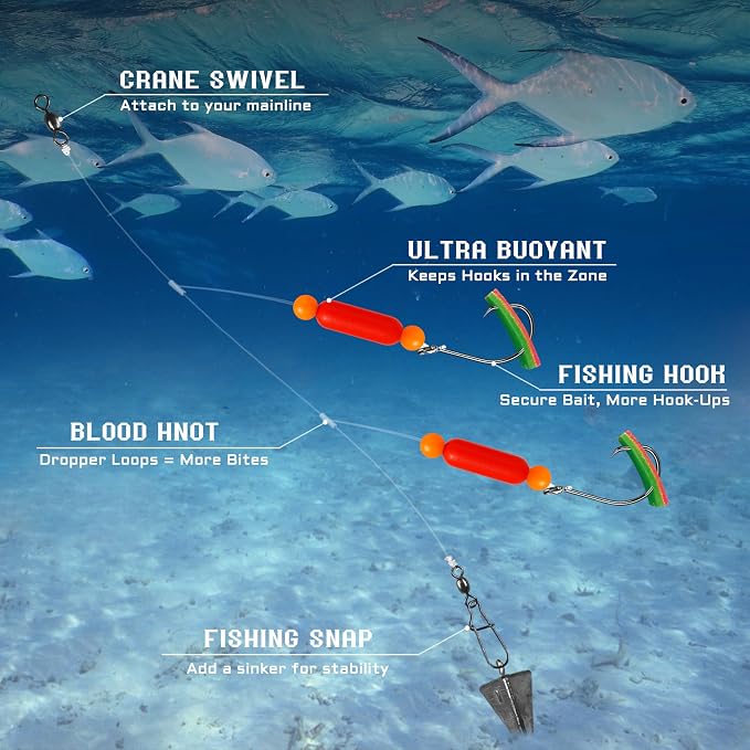 Pompano Rig Saltwater Surf Fishing Rigs – Double Drop Leader Rigs with Hooks, Floats, Beads & Snap – Easy Pre-Tied Terminal Tackle for Pompano, Whiting, Redfish
