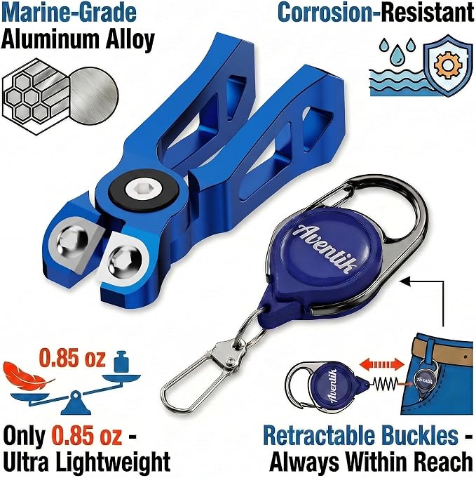 Fishing Line Cutter with Retractable Buckles, Tungsten Carbide Blade & Central Locking - Smooth, Corrosion-Resistant Cuts for Braid, Mono, Fluoro in Saltwater Fishing