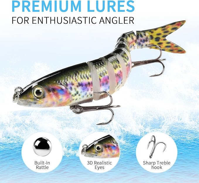 6 Pcs Fishing Lure Set with Durable Hard Plastic Tackle Box | Bass Trout Saltwater Freshwater Fishing Lures | Slow Sinking Lifelike Jointed Swimbait for Beginner & Pro Anglers