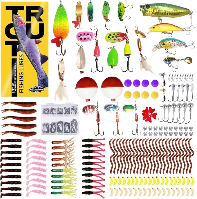 FONMANG 322-Piece Fishing Lures Kit - Buzz Bait/Spinner Baits/Jig/Frog, Fishing Tackle Box with Tackle Included, Soft Bait/Hooks/Weights, Fishing Gear Lure Kit Gift for Men Freshwater Bass Trout