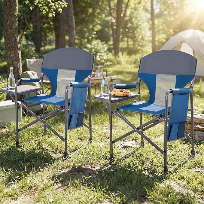COSTWAY Oversized Folding Camping Chair with Padded Seat, Side Table, Cup Holder & Storage Pocket, Heavy-Duty Portable Director's Chair for Beach, Fishing, Picnic & Sports, Supports 400 lbs (Navy,1)