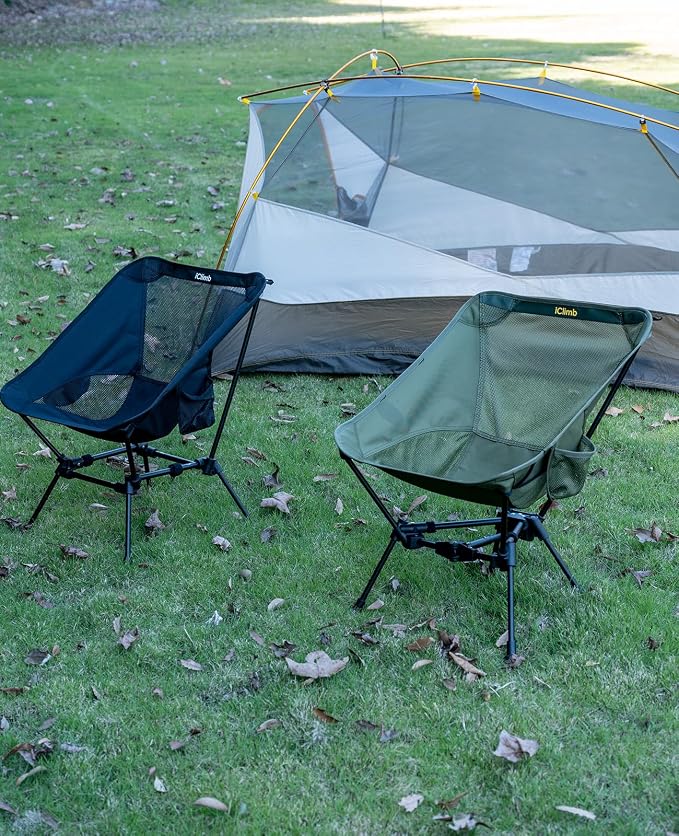 iClimb Ultralight Compact Camping Folding Beach Chair with Anti-Sinking Large Feet and Back Support Webbing (Green - Triangular Frame)