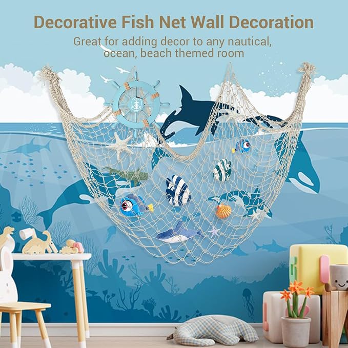 3 Pack Fish Net Decorations - 80x40 Inch Beige Fishing Net Decor for Priate Under The Sea Hawaiian Beach Themed Party, 3mm Thick Natural Cotton Nautical Netting for Party Wall Table Ceiling Decor