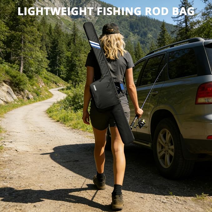 PEKREWS Fishing Rod Case, 52inch Fishing Pole Bag (3.9ft-4.4ft) with Tackle Pockets, Fits Break-Down Spinning, Casting Rod Reel Combo, Padded Soft Rod Bag with Strap Handle, Pole Travel Case, Blue