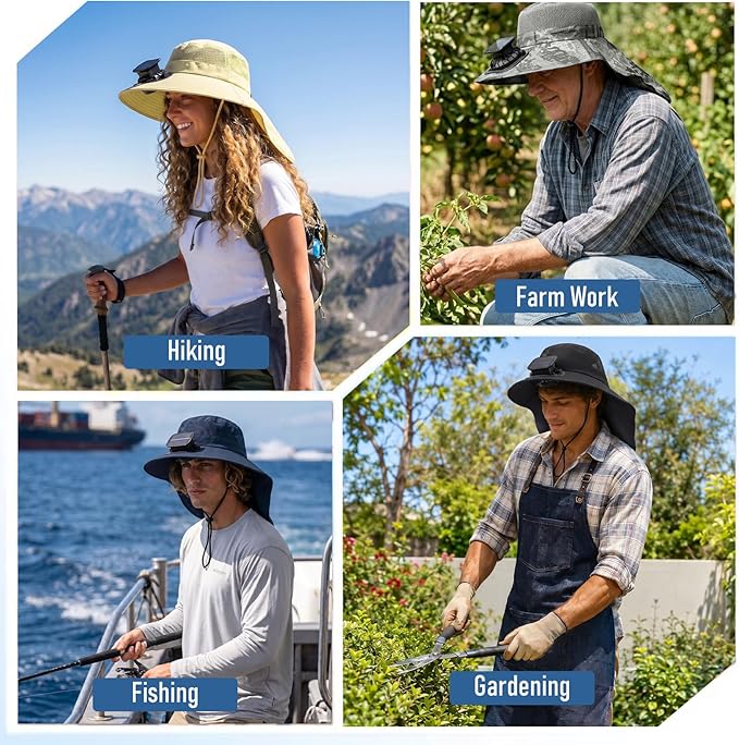 Short Brim Sun Hat with 1 Solar Fan & Neck Flap for Men Women UPF 50+ Outdoor for Garden Fishing Beach Essential