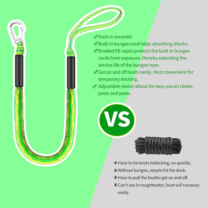 Boat Bungee Dock Lines – Adjustable Boat Tie Downs for Pontoon, Jet Ski, PWC, Kayak | Single Hook Small Cruiser Mooring Lines | (2, Green & Yellow, 4 Feet)