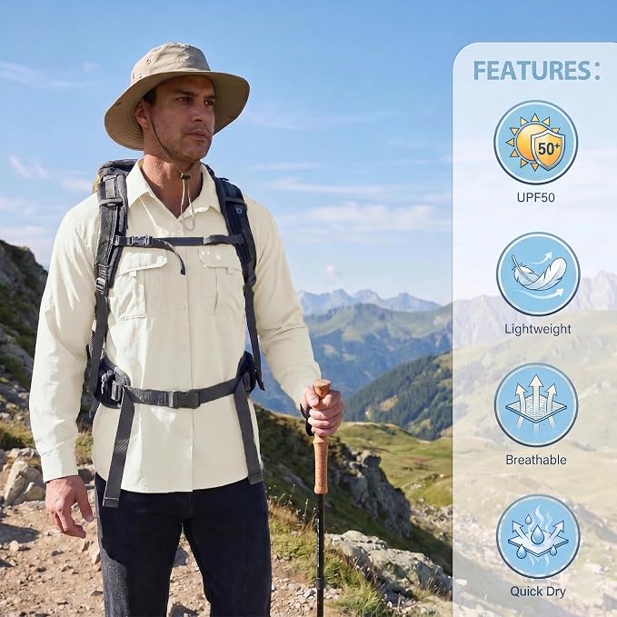 Men's Long Sleeve Fishing Shirts UPF 50+ Sun Protection Quick Dry Shirts Button Down Shirt for Hiking Camping