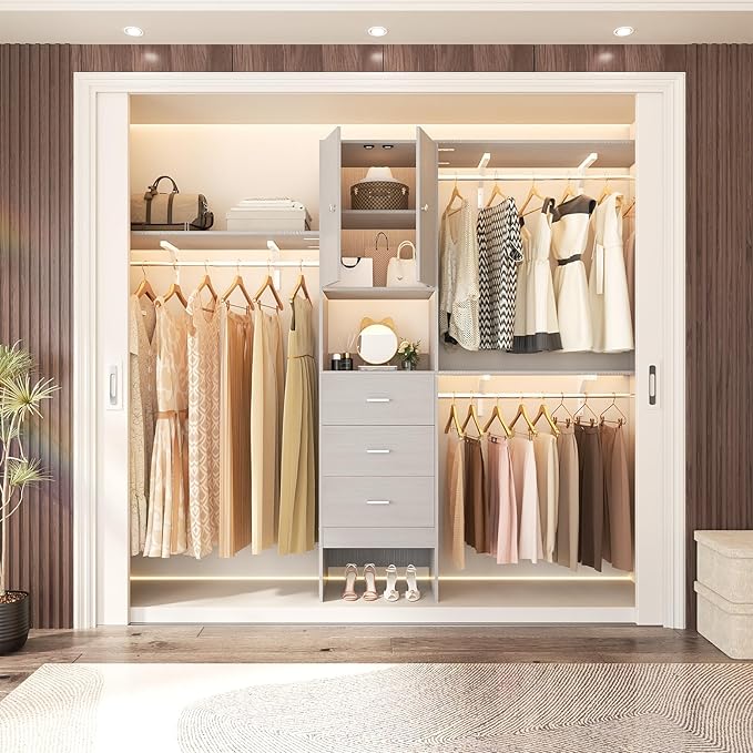 Armocity 96 Inches Closet System with Doors, 8FT Walk In Closet Organizer with 3 Shelving Towers, Heavy Duty Clothes Garment Rack with 3 Wood Drawers, 96" L x 16" W x 80" H, Max Load 1000 LBS, Grey