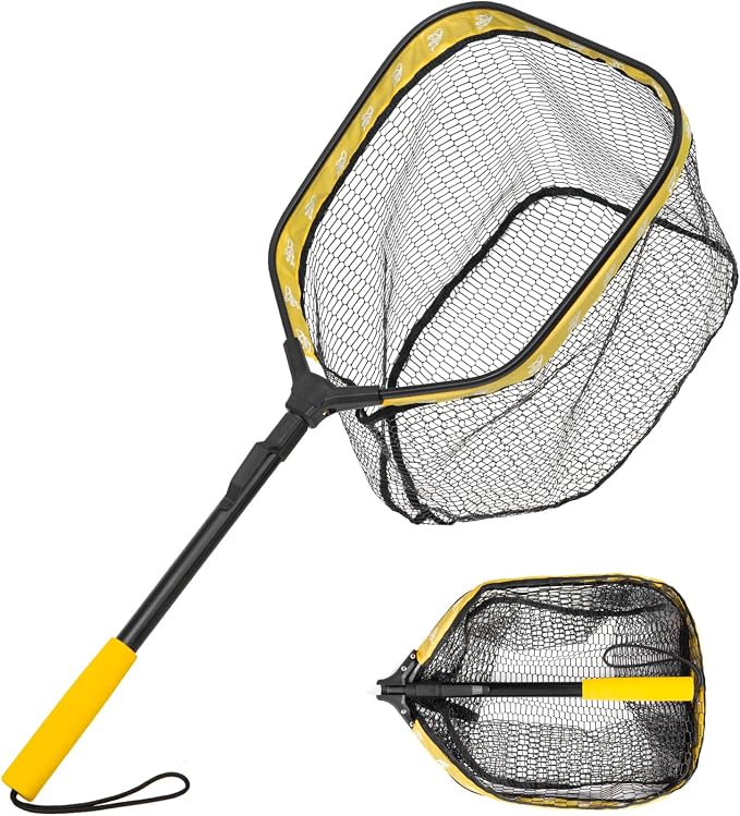 Floating Fishing Net, Collapsible Landing Net, Fish Net with Rubber Coated Polyethylene Netting for Bass, Trout, Fly Fishing, Kayak & Boat Fishing