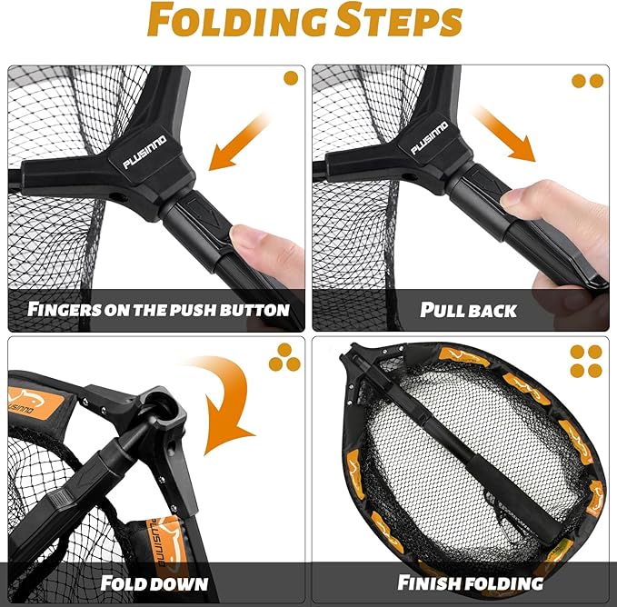 PLUSINNO Fishing Net Fish Floating Landing Net, Kayak Nets with Fixed Foldable Telescopic Pole Handle, Bass Trout Fishing Nets with Nylon Mesh for Pond Lake River, Fishing Gear Gifts for Men Anglers