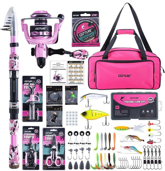 Goture Pink Fishing Rod and Reel Combo - ML Action Spinning Reel Pole with Pink Bag - Telescopic Rod Kit for Starter Travel Saltwater Freshwater, Gift for Woman
