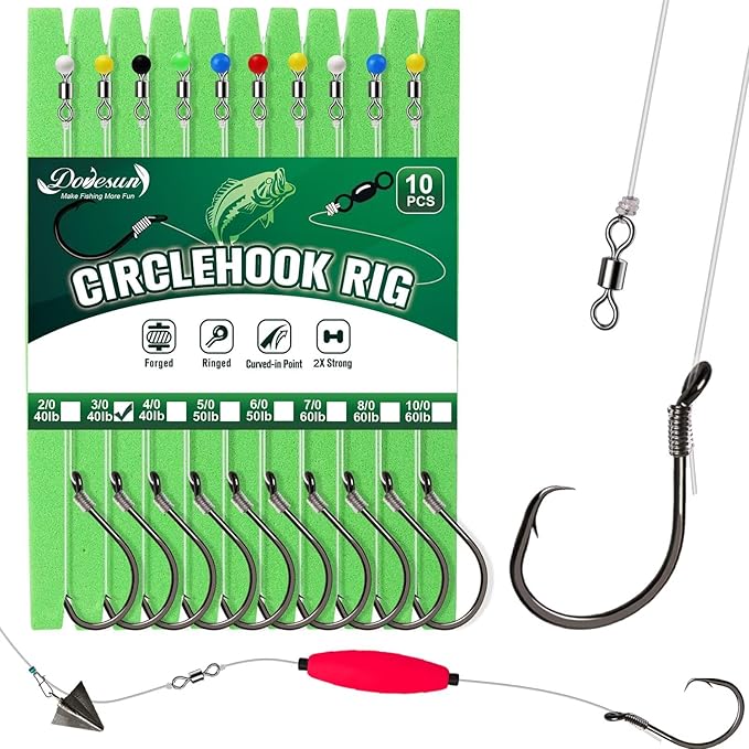 Dovesun 10PCS Pre-Rigged Catfish Rig Circle/Octopus Hooks Rigs for Catfish Offset Circle Fishing Hooks for Saltwater Freshwater 2/0 3/0 4/0 5/0 6/0 7/0 8/0 10/0
