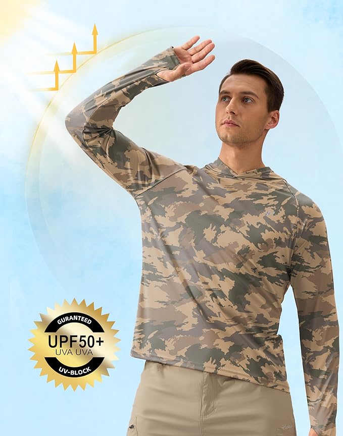 Pudolla Men's Sun Protection Hoodie Shirts UPF 50+ Rash Guard SPF Long Sleeve Fishing Shirt for Men Swim Hiking Boating